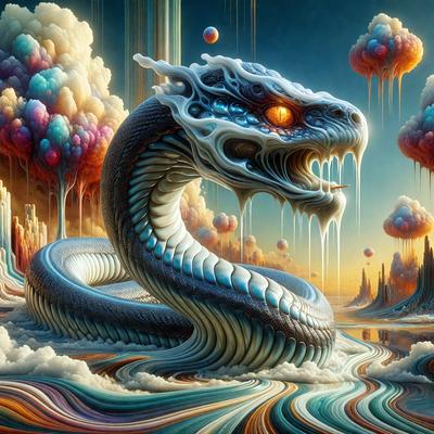 Primary subject: A large, colorful, and artistic snake with a mouth open, surrounded by a vibrant and surreal environment.

Setting/background: The snake is in a swirling, colorful, and abstract landscape, with a mix of clouds, trees, and other elements that create a whimsical and imaginative scene.

Visual style: The image is a digital artwork, featuring a combination of vivid colors, intricate patterns, and surreal elements that create a unique and captivating visual experience.

Colors and mood: The colors in the image are predominantly blue, green, and orange, with a mix of other hues that contribute to the overall vibrant and lively atmosphere. The mood of the image is one of wonder, creativity, and fantasy, as it
